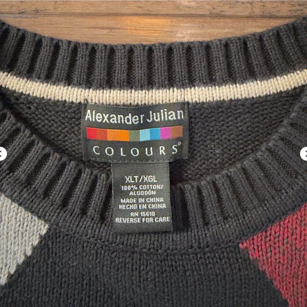Alexander Julian Argyle Sweater Black‎ Gray Red XLT